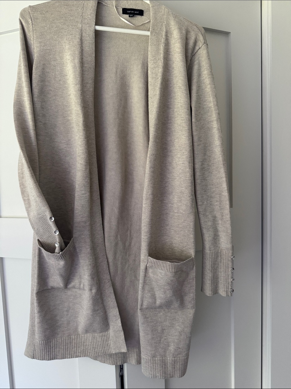 Verve Ami Open-Front Long Cardigan in Light Taupe